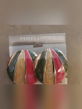 Color Block Round Pierced Earrings - Pink, Green, Cream